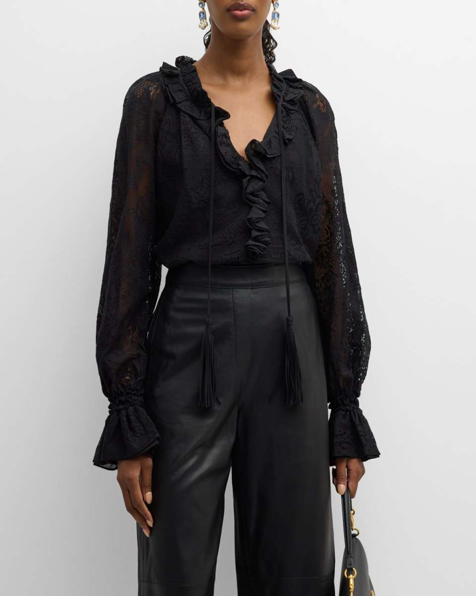 Zola Tasseled Ruffle-Trim Lace Blouse